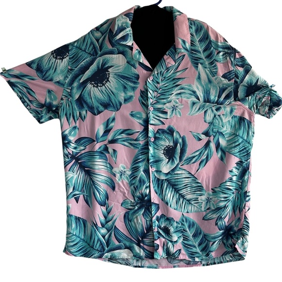 Original Use Tropical Floral Rayon Shirt Pink & Teal Summer Resort Button Up - Picture 8 of 15
